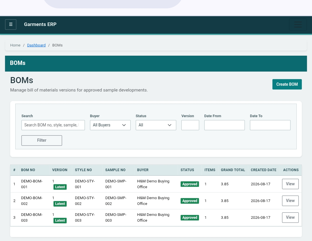 Version-controlled BOM for every sample