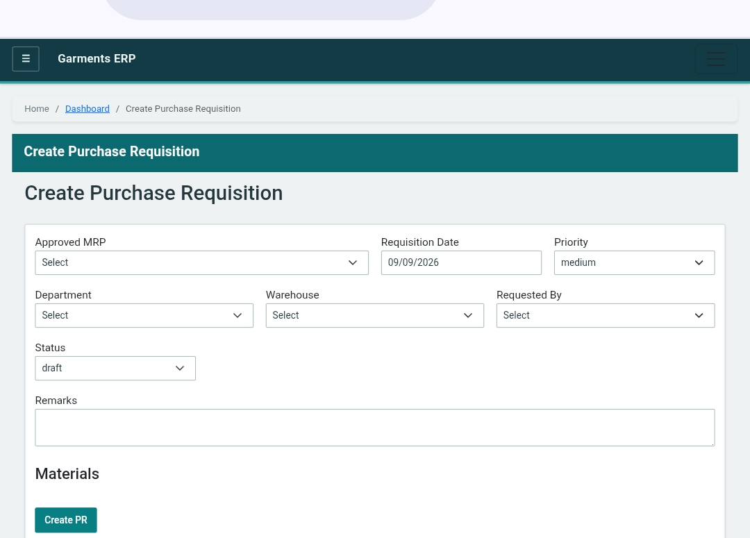 Purchase requisitions from approved MRPs